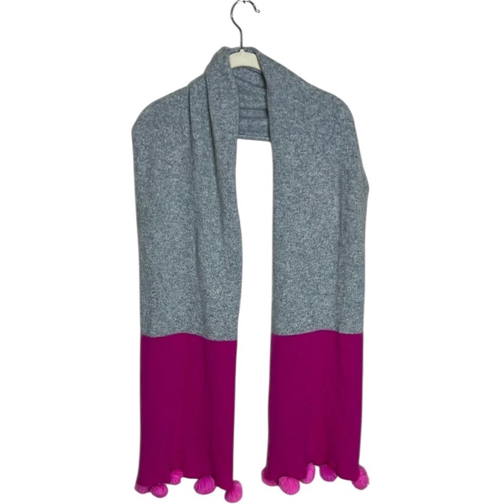 Gray and Pink Cashmere Scarf with Fur Pom Poms